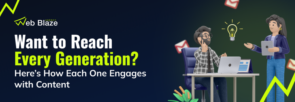 Two cartoon-style professionals discussing content strategies for engaging different generations, with the text 'Want to Reach Every Generation? Here’s How Each One Engages with Content.